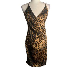 Celebrity Fashion Leopard Print Sleeveless Cross Back Wrap Dress Medium Zipper